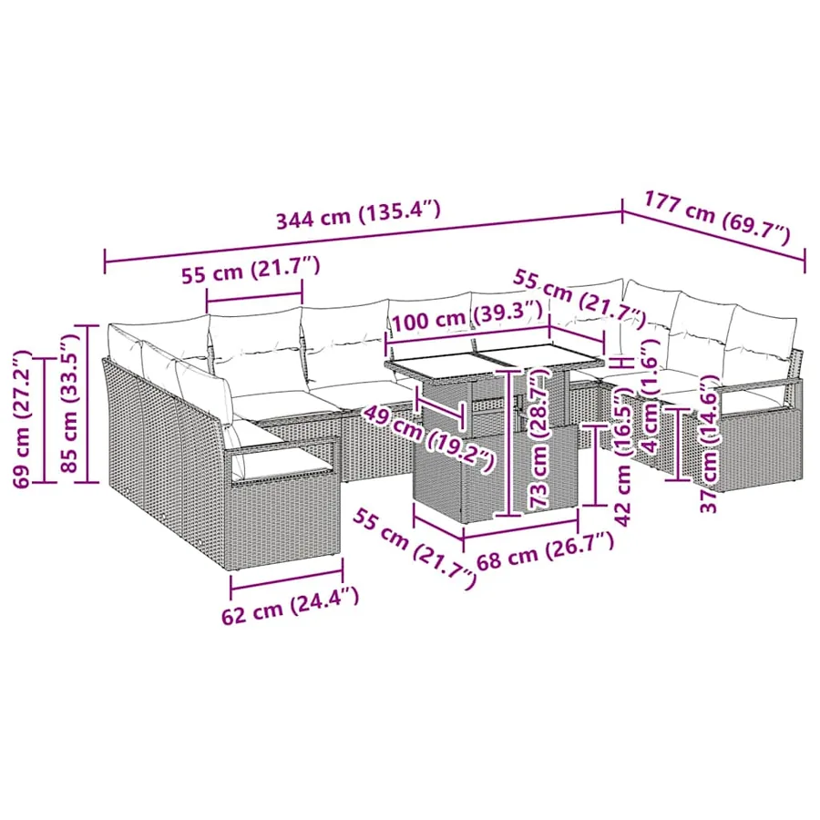 Ensemble de canapé de jardin avec coussin 11 pcs Noir polyrotin - 15