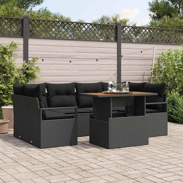 Ensemble de canapé de jardin 7 pcs Noir Poly rotin