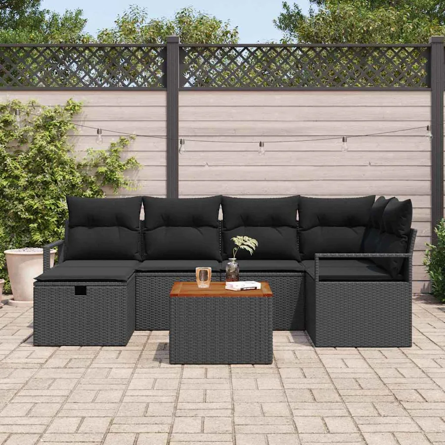 Ensemble de canapé de jardin avec coussin 7 pcs Noir Poly rotin - 3
