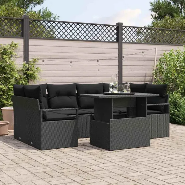 Ensemble de canapé de jardin 7 pcs Noir Poly rotin