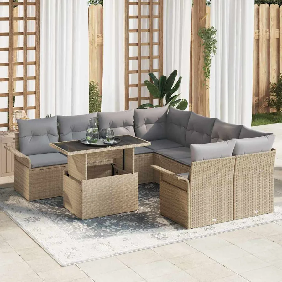 Ensemble de canapé de jardin 9 pcs Beige Poly rotin