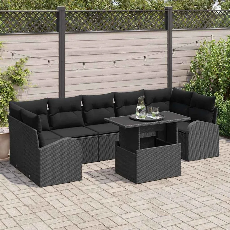 Ensemble de canapé de jardin avec coussin 8 pcs Noir Poly rotin