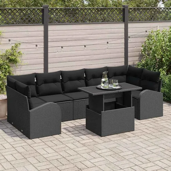 Ensemble de canapé de jardin avec coussin 8 pcs Noir Poly rotin