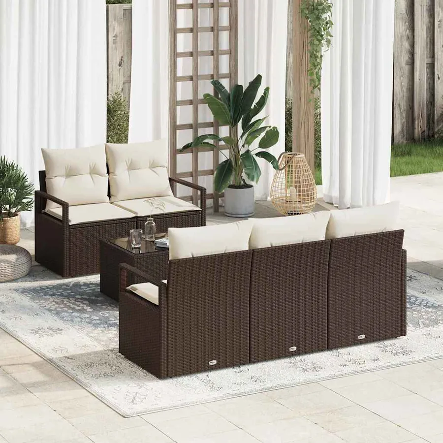 Ensemble de canapé de jardin 6 pcs Marron et Crème polyrotin