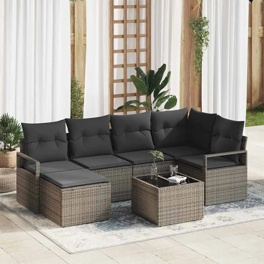 Ensemble de Canapés avec coussin 7 pcs Gris clair polyrotin