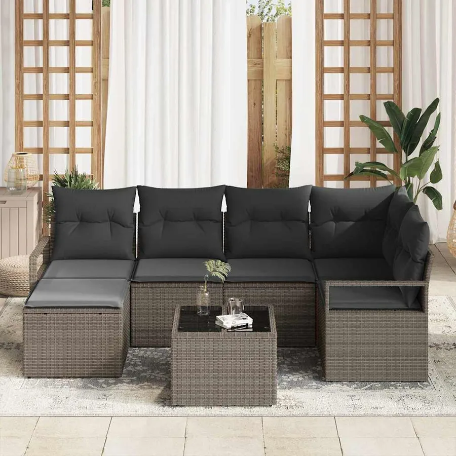 Ensemble de Canapés avec coussin 7 pcs Gris clair polyrotin - 3