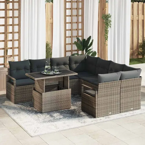 Ensemble de canapé de jardin avec coussin 9 pcs Gris Poly rotin