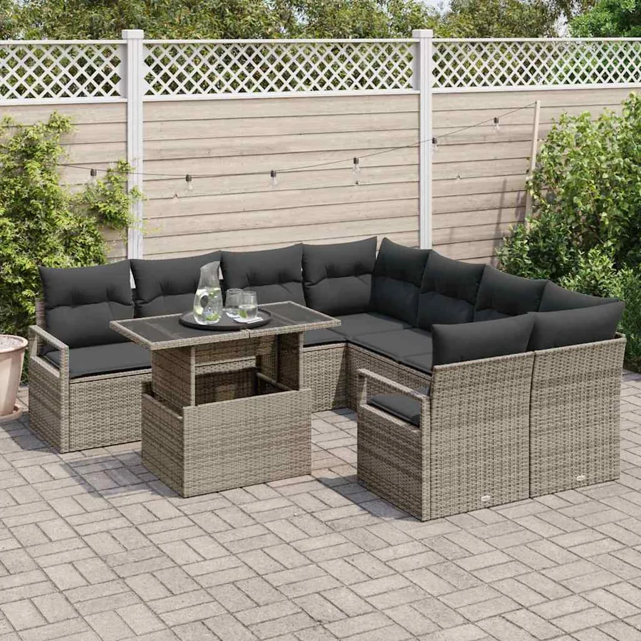 Ensemble de canapé de jardin avec coussin 9 pcs Gris Poly rotin - 3