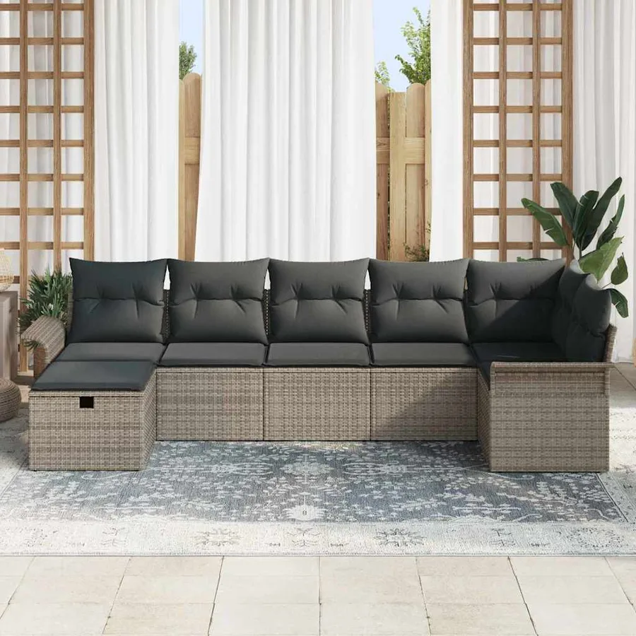 Ensemble de canapé de jardin avec coussin 7 pcs Gris Poly rotin - 3