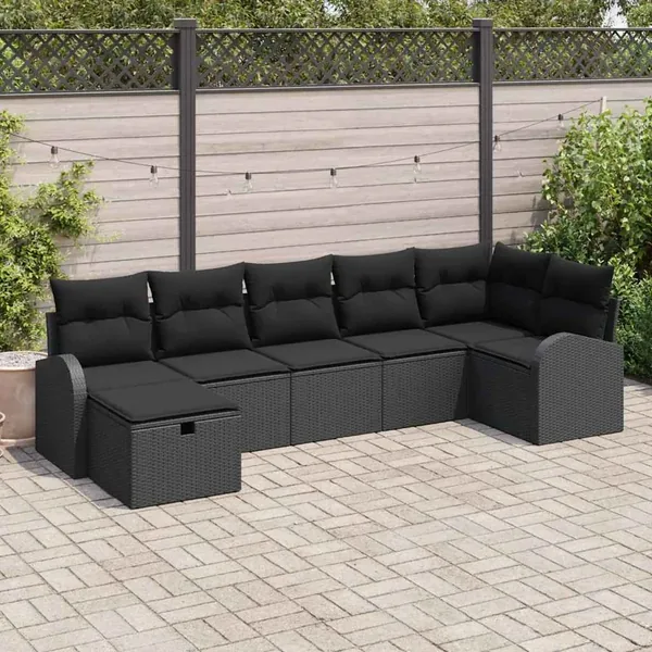 Ensemble de Canapés avec coussin 7 pcs Noir polyrotin