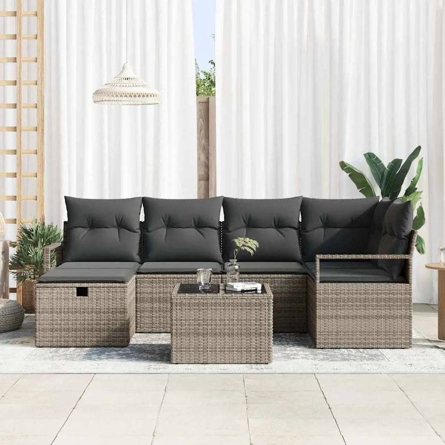 Ensemble de canapé de jardin avec coussin 7 pcs Gris Poly rotin - 3