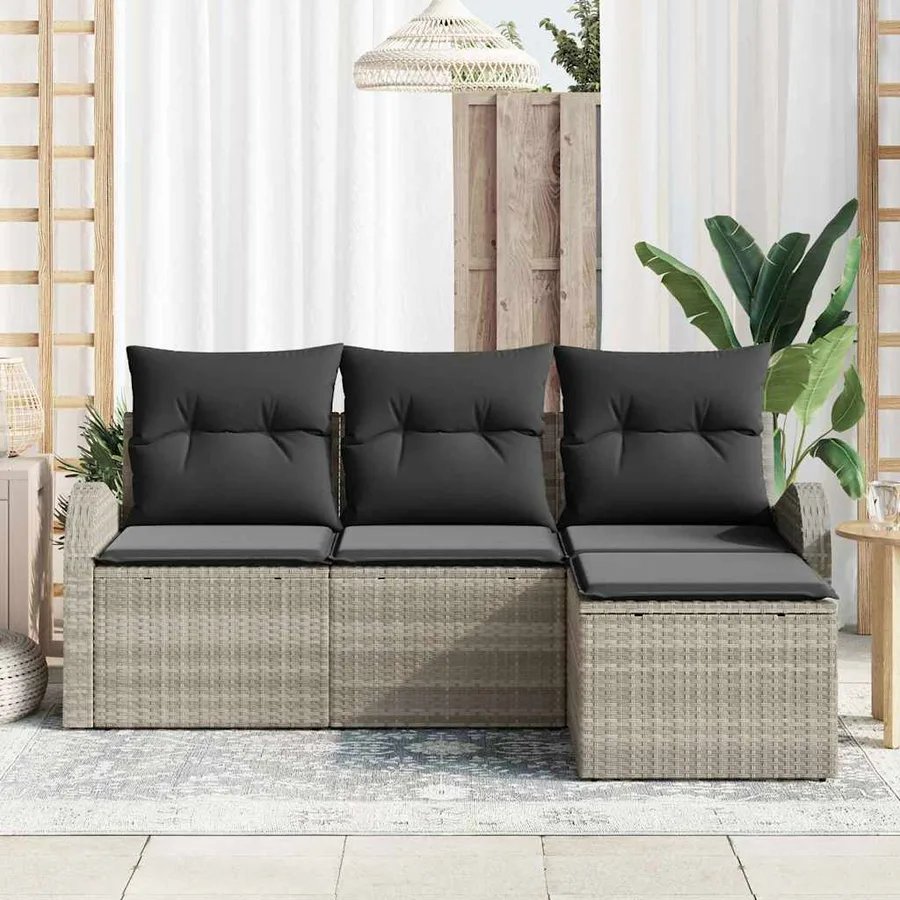 Ensemble de Canapés avec coussin 4 pcs Gris clair polyrotin - 3