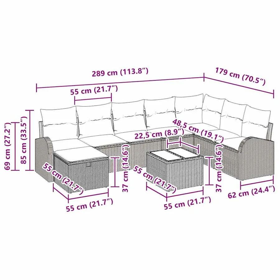 Ensemble de canapé de jardin 9 pcs Gris clair Poly rotin - 15