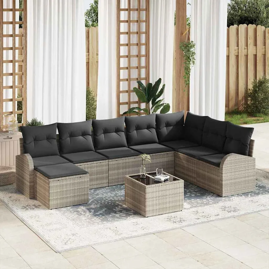 Ensemble de Canapés avec coussin 9 pcs Gris clair polyrotin