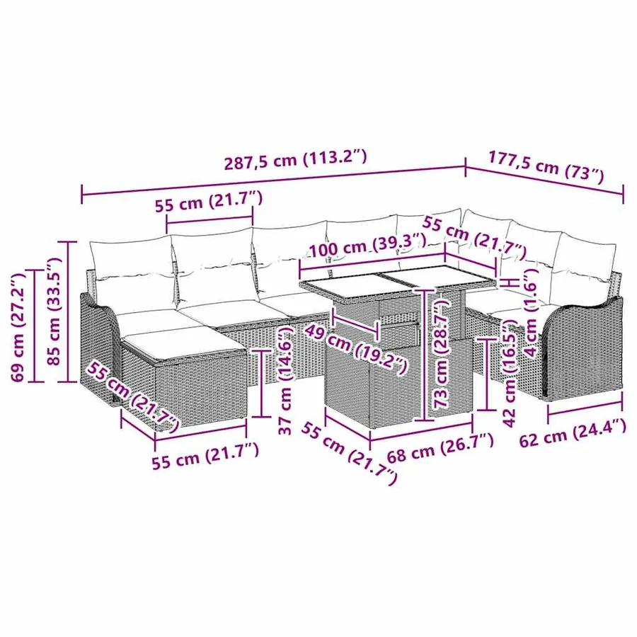 Ensemble de canapé de jardin avec coussin 9 pcs Noir Poly rotin - 12