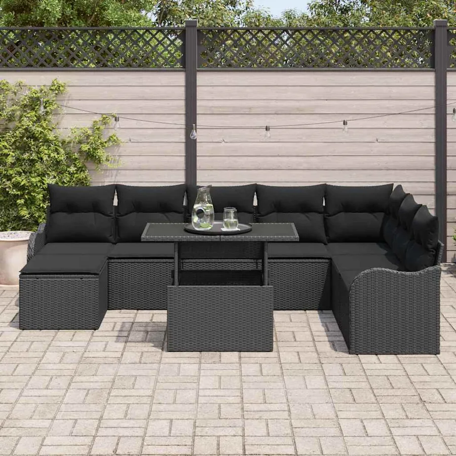 Ensemble de canapé de jardin avec coussin 9 pcs Noir Poly rotin - 3
