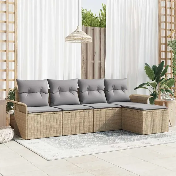 Ensemble de canapé de jardin avec coussin 5 pcs Beige polyrotin