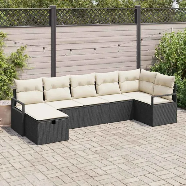 Ensemble de Canapés avec coussin 7 pcs Noir et Crème polyrotin