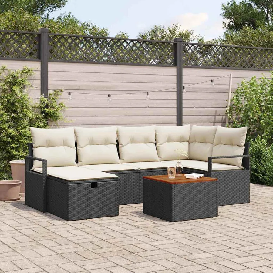 Ensemble de canapé de jardin avec coussin 7 pcs Noir polyrotin