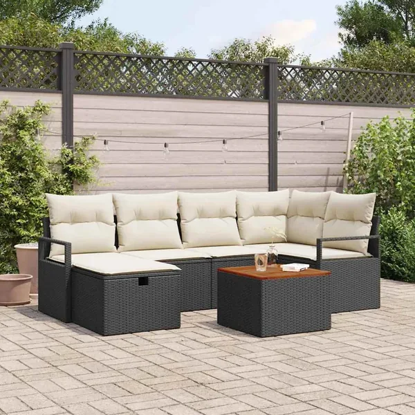 Ensemble de canapé de jardin avec coussin 7 pcs Noir polyrotin