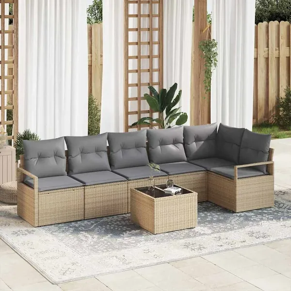 Ensemble de Canapés avec coussin 7 pcs Beige polyrotin