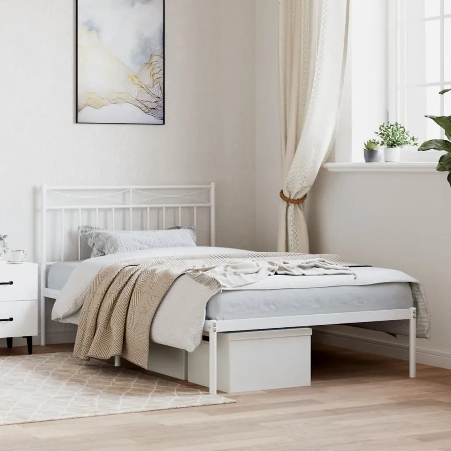 Cadre de lit métal sans matelas et tête de lit blanc 107x203 cm