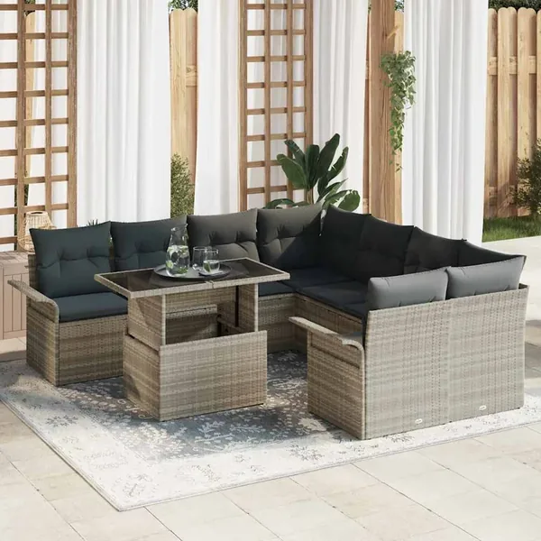 Ensemble de canapé de jardin 9 pcs Gris clair Poly Rattan
