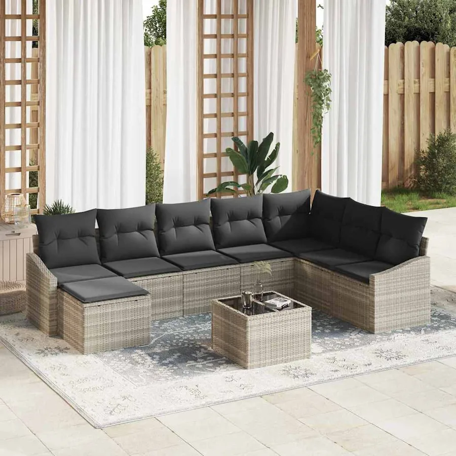 Ensemble de Canapés avec coussin 9 pcs Gris clair polyrotin