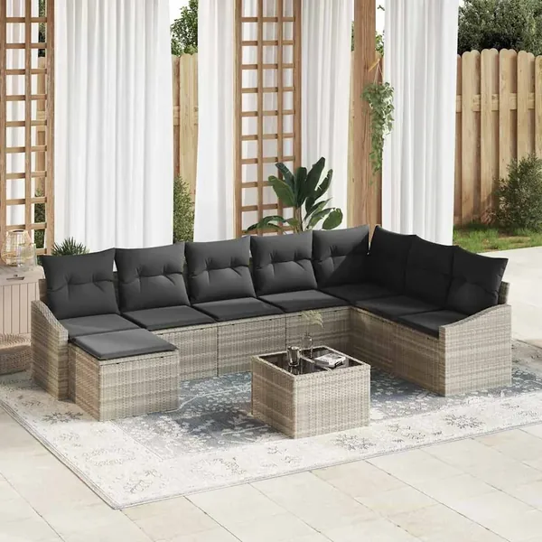 Ensemble de Canapés avec coussin 9 pcs Gris clair polyrotin