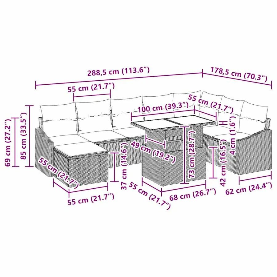 Ensemble de Canapés avec coussin 9 pcs Gris clair polyrotin - 12