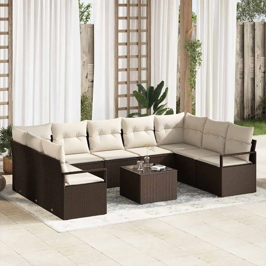 Ensemble de Canapés avec coussin 10 pcs Marron polyrotin