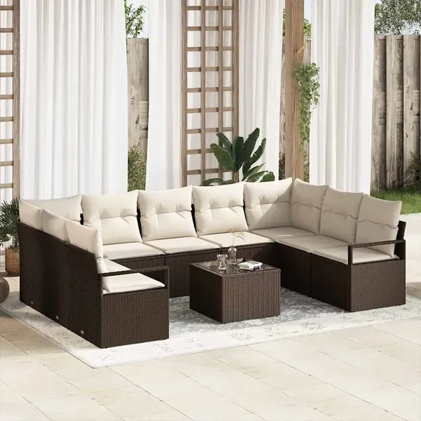 Ensemble de Canapés avec coussin 10 pcs Marron polyrotin