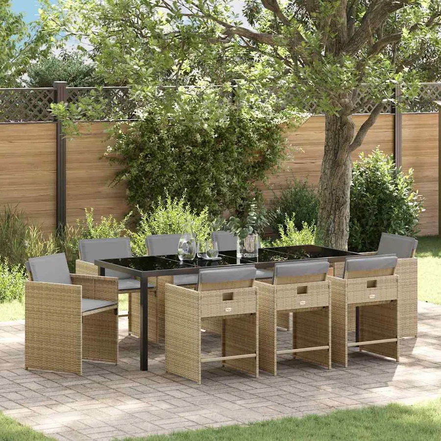 Ensemble de salle à manger pour jardin 9 pcs Beige polyrotin