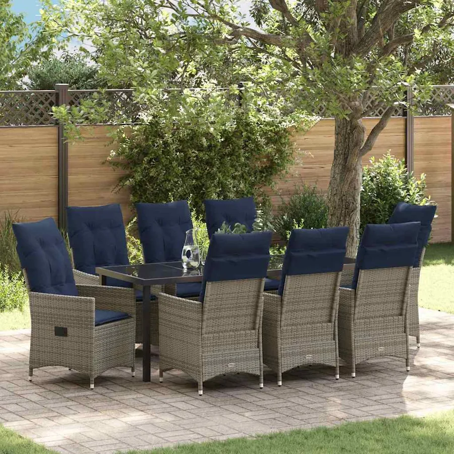 Ensemble table et chaises avec coussin 9 pcs Gris Rotin PE