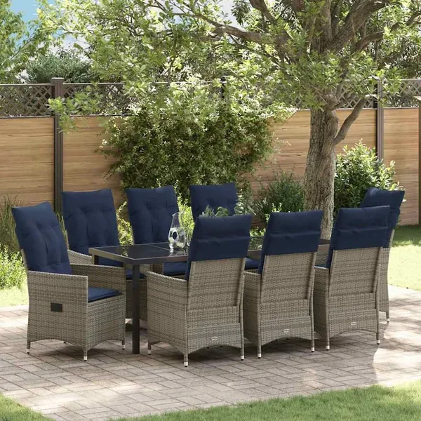 Ensemble table et chaises avec coussin 9 pcs Gris Rotin PE