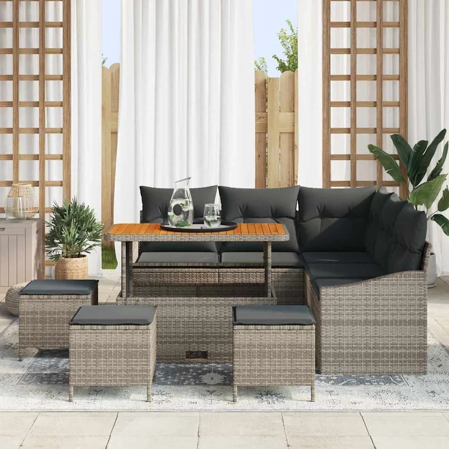 Ensemble de canapé de jardin avec coussin 9 pcs Gris polyrotin - 3