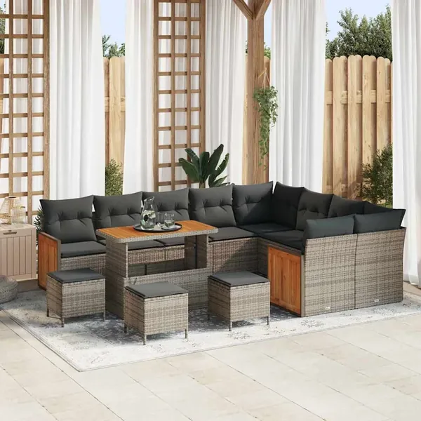 Ensemble de canapé de jardin avec coussin 14 pcs Gris polyrotin