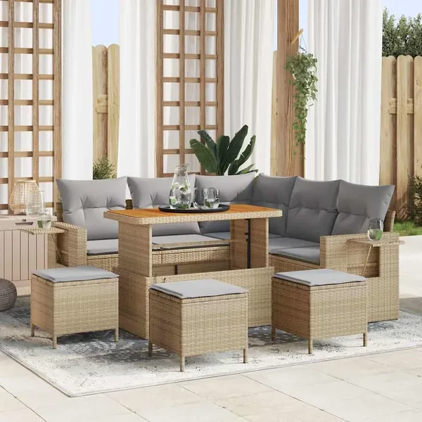 Ensemble de canapé de jardin avec coussin 9 pcs Beige polyrotin