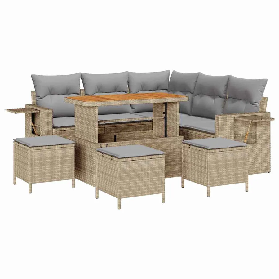 Ensemble de canapé de jardin avec coussin 9 pcs Beige polyrotin - 2