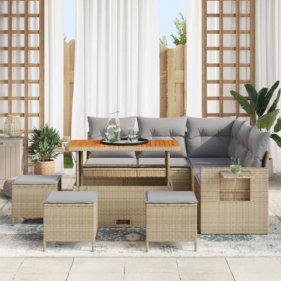 Ensemble de canapé de jardin avec coussin 9 pcs Beige polyrotin - 3
