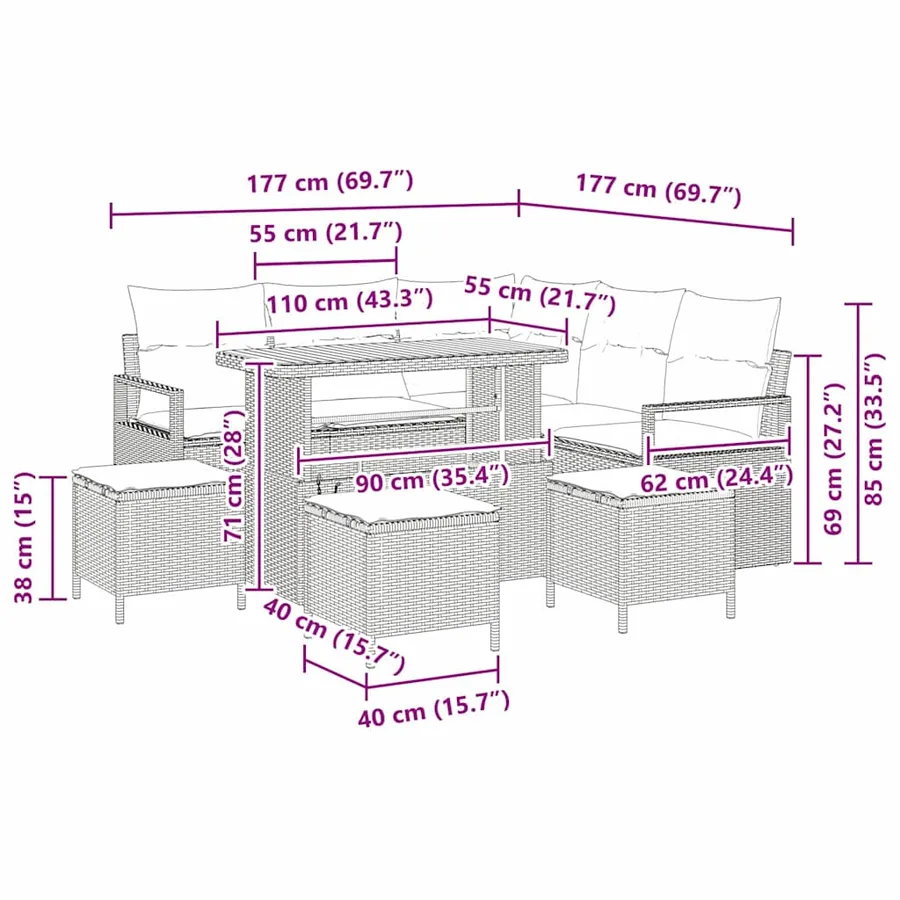 Ensemble de canapé de jardin avec coussin 9 pcs Gris polyrotin - 14