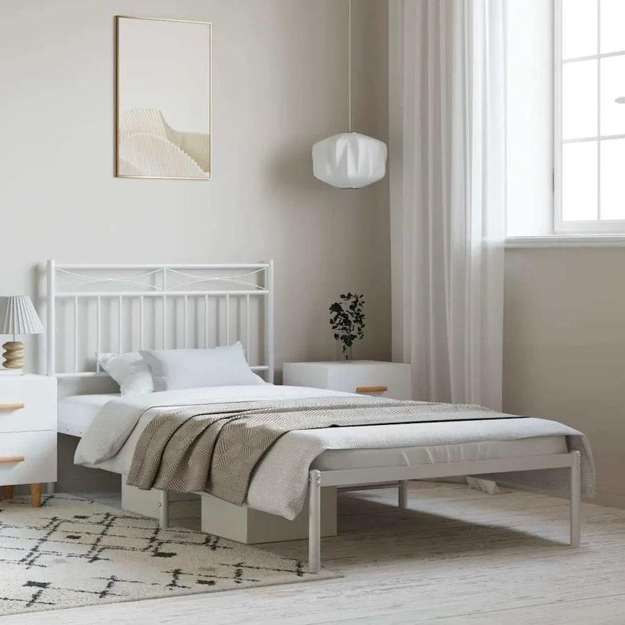 Cadre de lit métal sans matelas et tête de lit blanc 100x190 cm