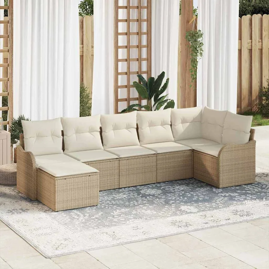 Ensemble de canapé de jardin 7 pcs Beige et blanc Poly rotin