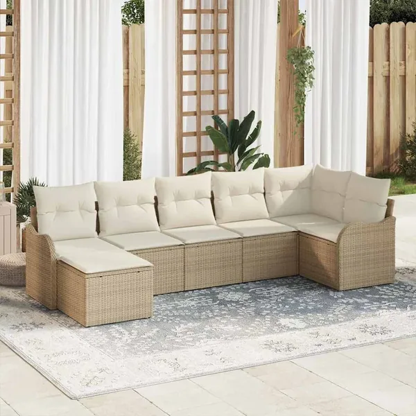 Ensemble de canapé de jardin 7 pcs Beige et blanc Poly rotin