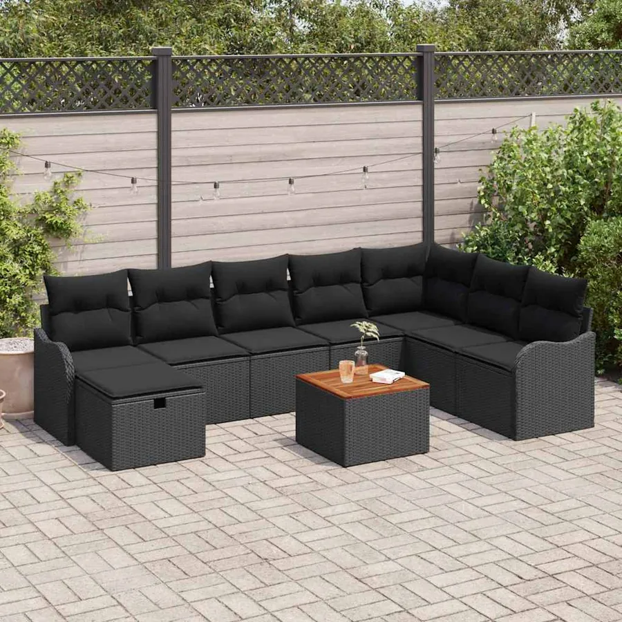 Ensemble de canapé de jardin avec coussin 9 pcs Noir Poly rotin