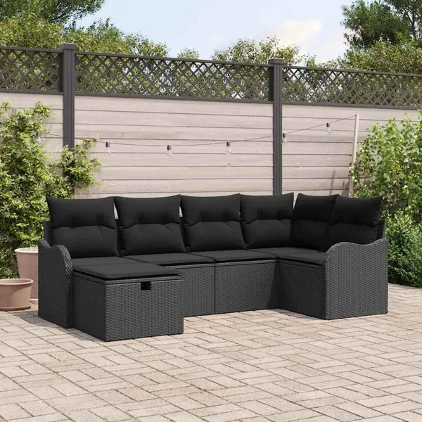 Ensemble de canapé de jardin avec coussin 6 pcs Noir Poly rotin