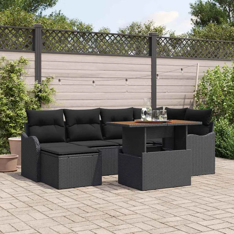 Ensemble de canapé de jardin 7 pcs Noir Poly rotin