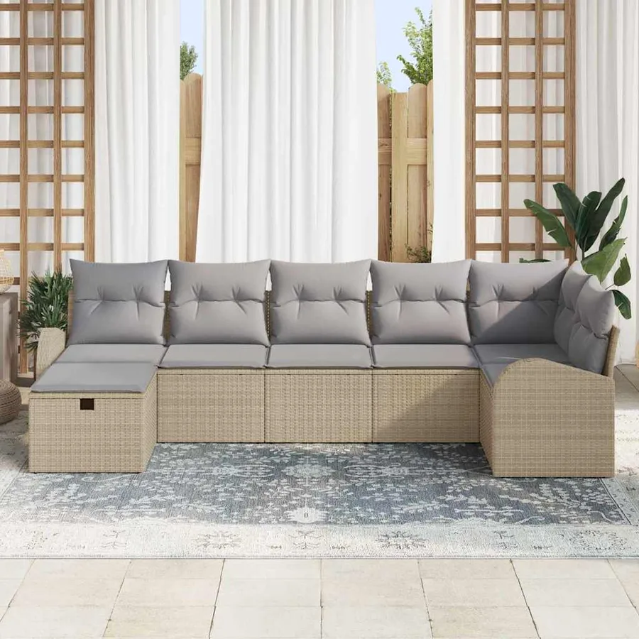 Ensemble de canapé de jardin avec coussin 7 pcs Beige polyrotin - 3