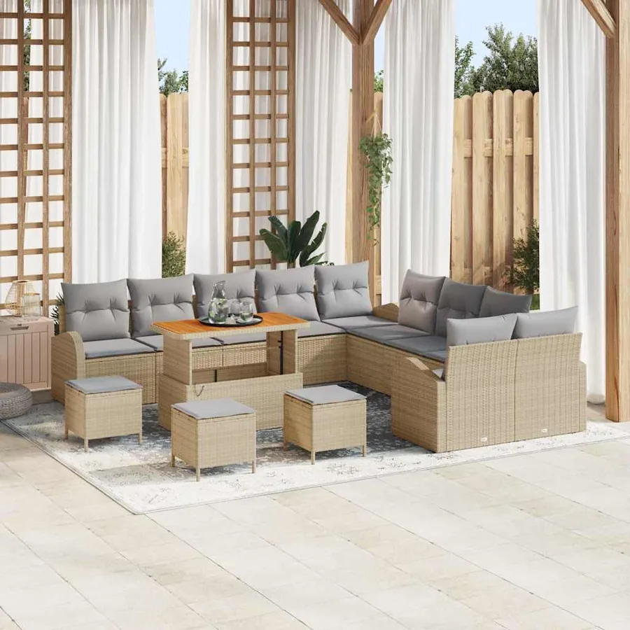 Ensemble de canapé de jardin 14 pcs Beige polyrotin