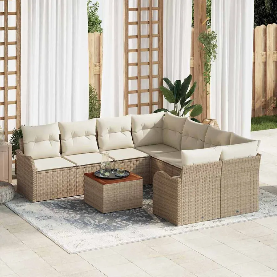 Ensemble de canapé de jardin avec coussin 9 pcs Beige polyrotin
